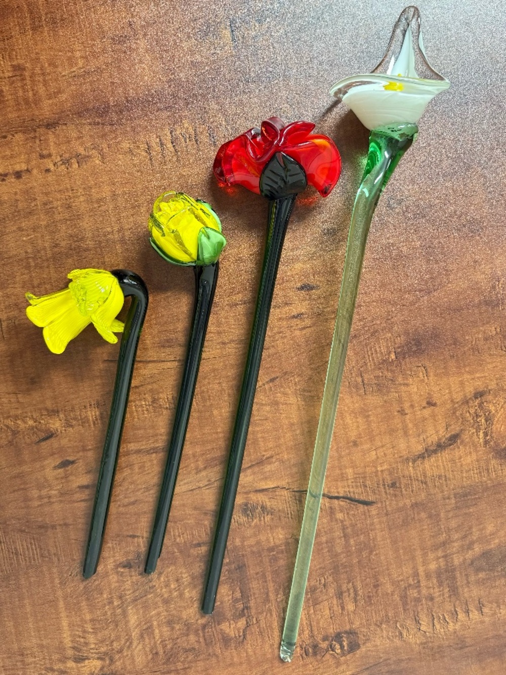 Hand Blown Glass Flowers Set of 4 Long Stem Floral Decor